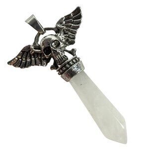 Winged Skull Silver Tone Pendant Opalite Crystal Point
